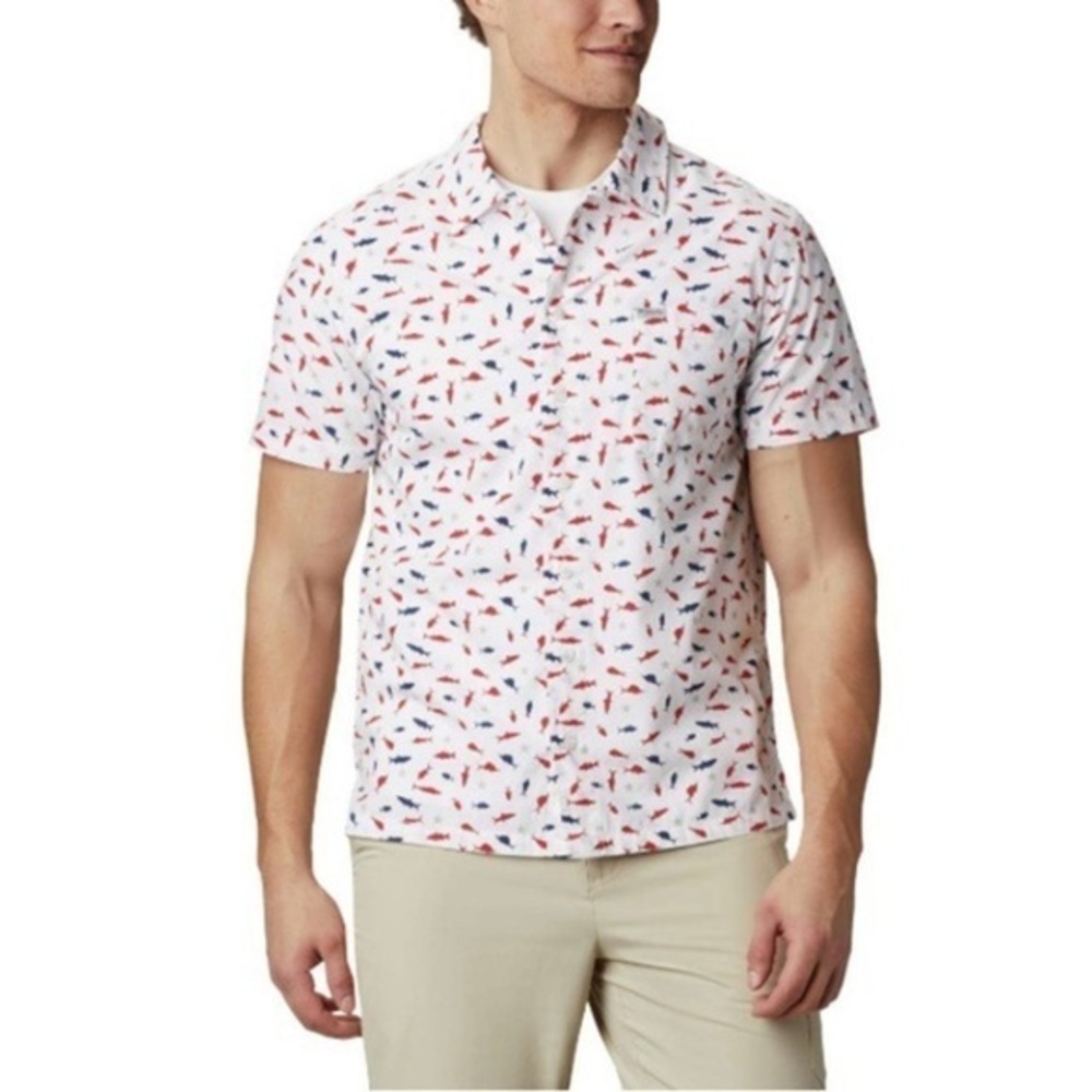 Columbia Red White and Blue Men’s Best Fishing Short Sleeve Shirt, Americana USA - Picture 1 of 8